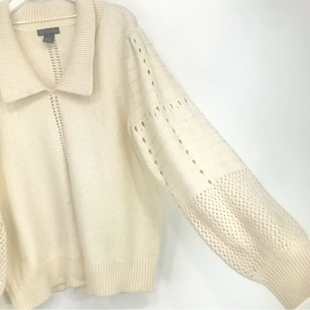 Design 365 Cream Cozy Puff Sleeve Collared Pullover Thick Knit Sweater